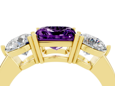 Yellow gold Princess Cut Amethyst Three-Stone Ring with Prong Setting and Classic Band_4