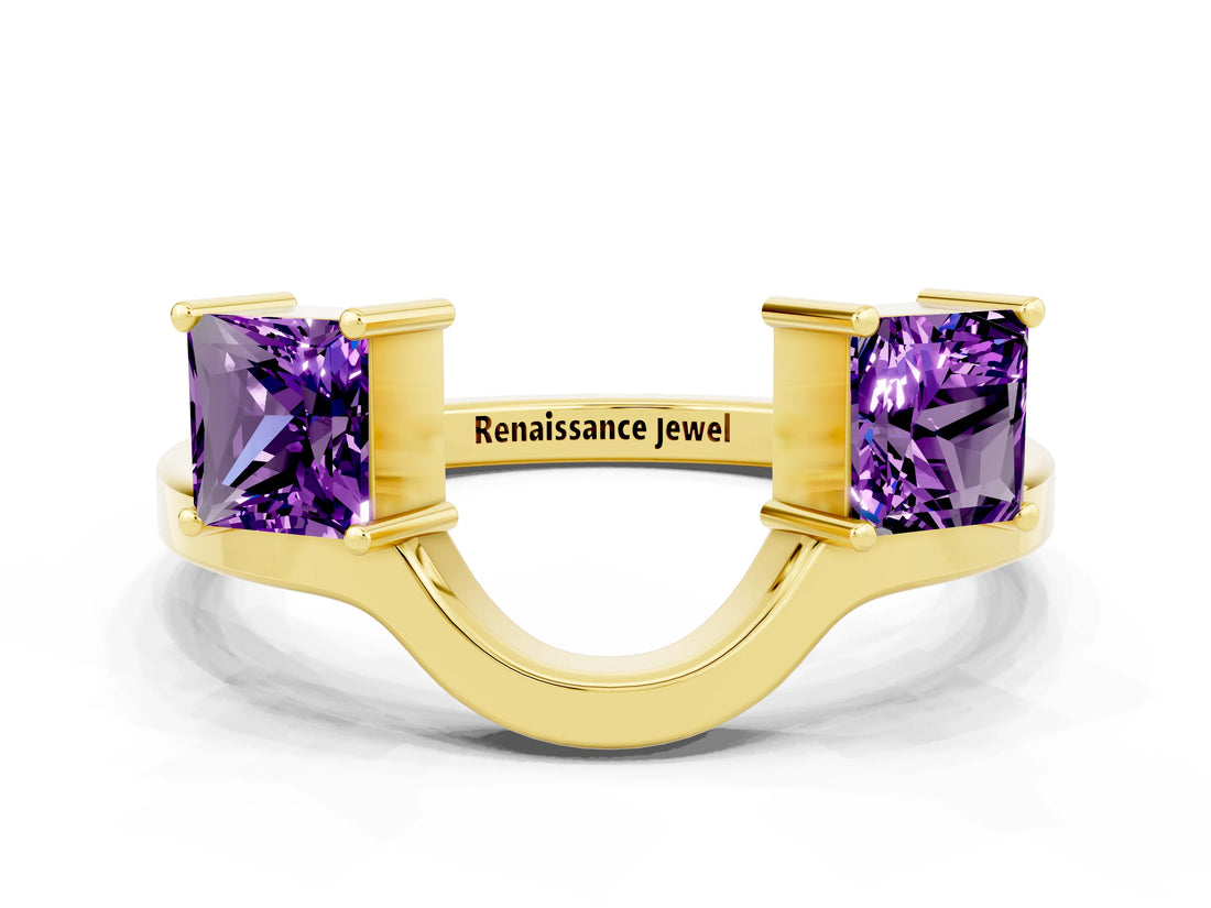 Yellow gold Princess Cut Amethyst Two-Stone Open Band Ring with Four-Prong Setting_6
