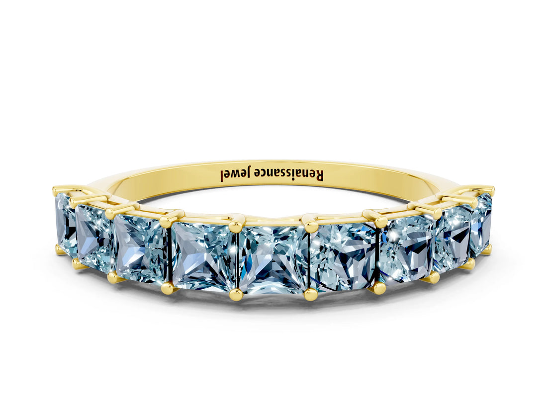 Yellow gold Princess Cut Aquamarine Channel-Set Eternity Band with Prong Setting_6
