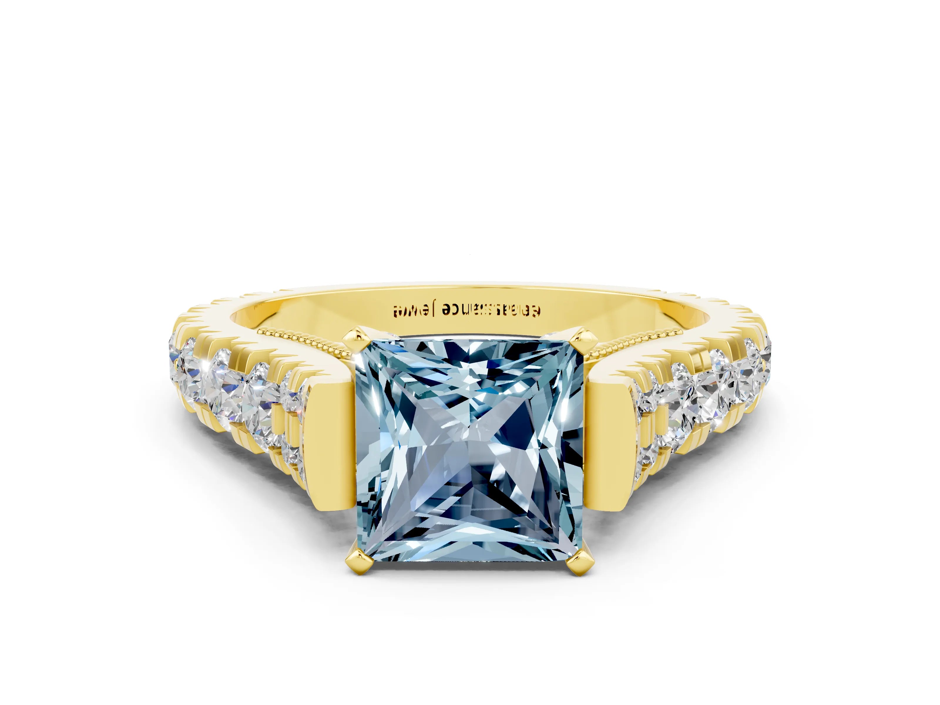 Yellow gold Princess Cut Aquamarine Classic Solitaire Ring with Pavé Band and Four-Prong Setting
