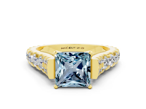 Yellow gold Princess Cut Aquamarine Classic Solitaire Ring with Pavé Band and Four-Prong Setting