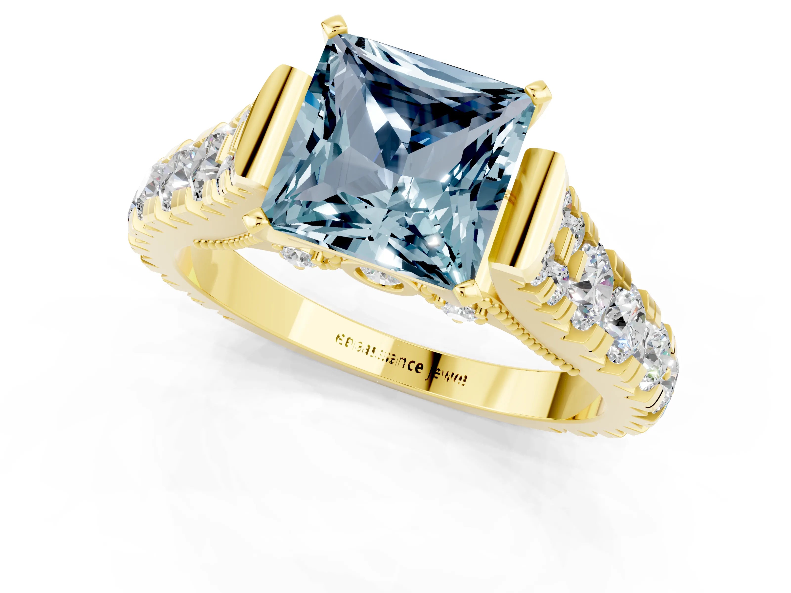 Yellow gold Princess Cut Aquamarine Classic Solitaire Ring with Pavé Band and Four-Prong Setting_1