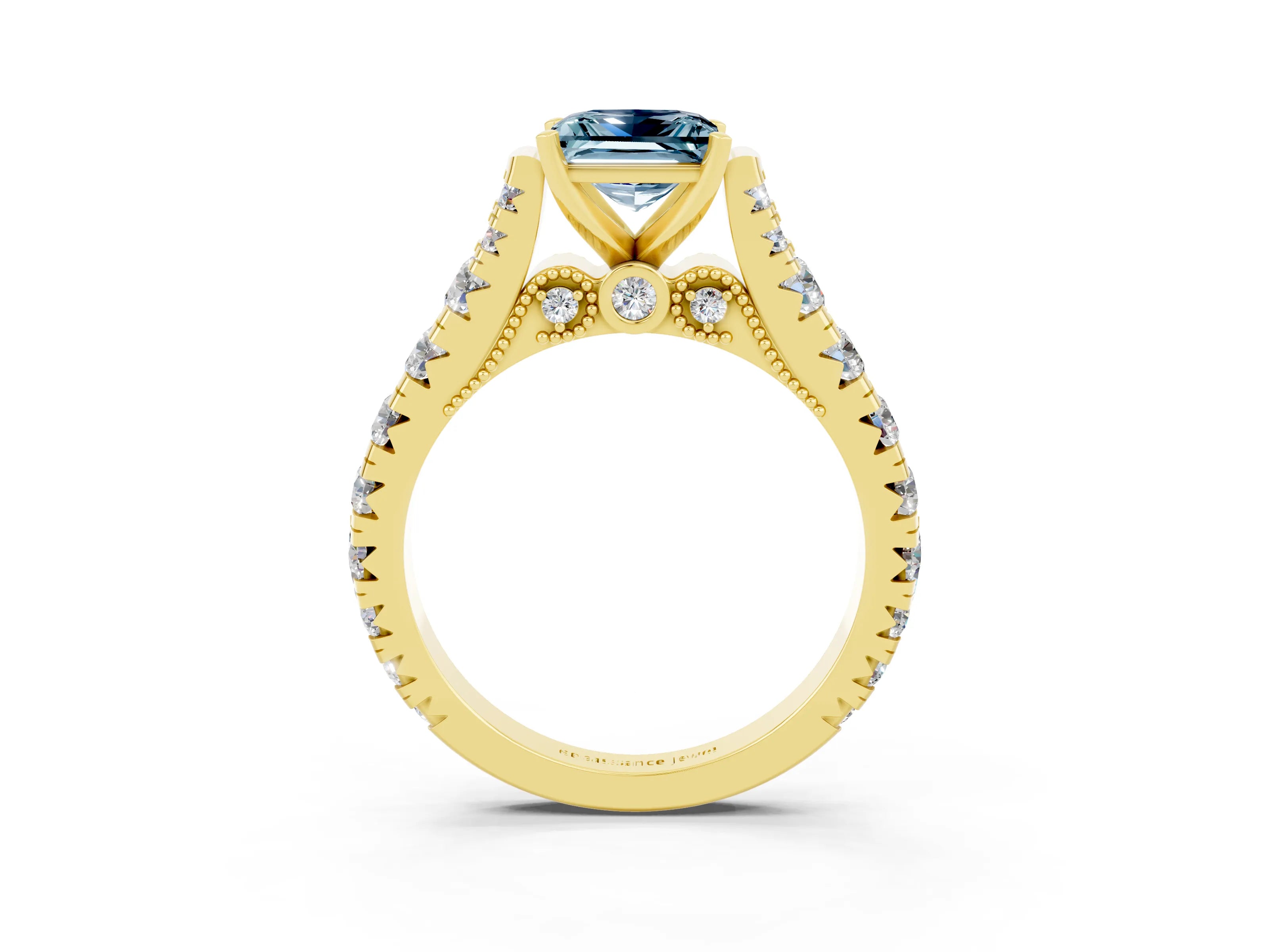Yellow gold Princess Cut Aquamarine Classic Solitaire Ring with Pavé Band and Four-Prong Setting_3