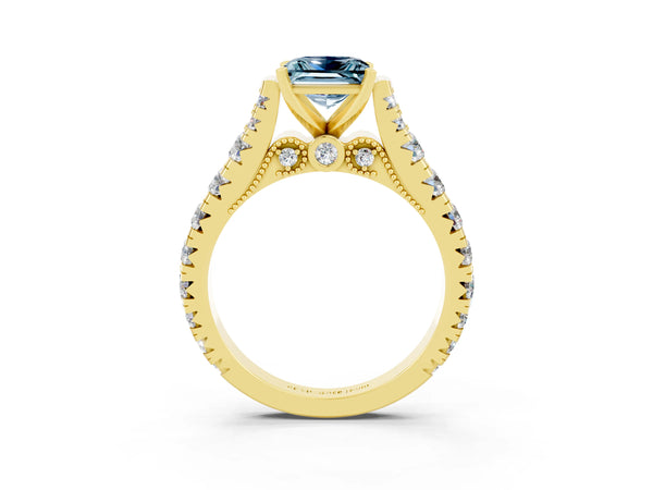 Yellow gold Princess Cut Aquamarine Classic Solitaire Ring with Pavé Band and Four-Prong Setting
