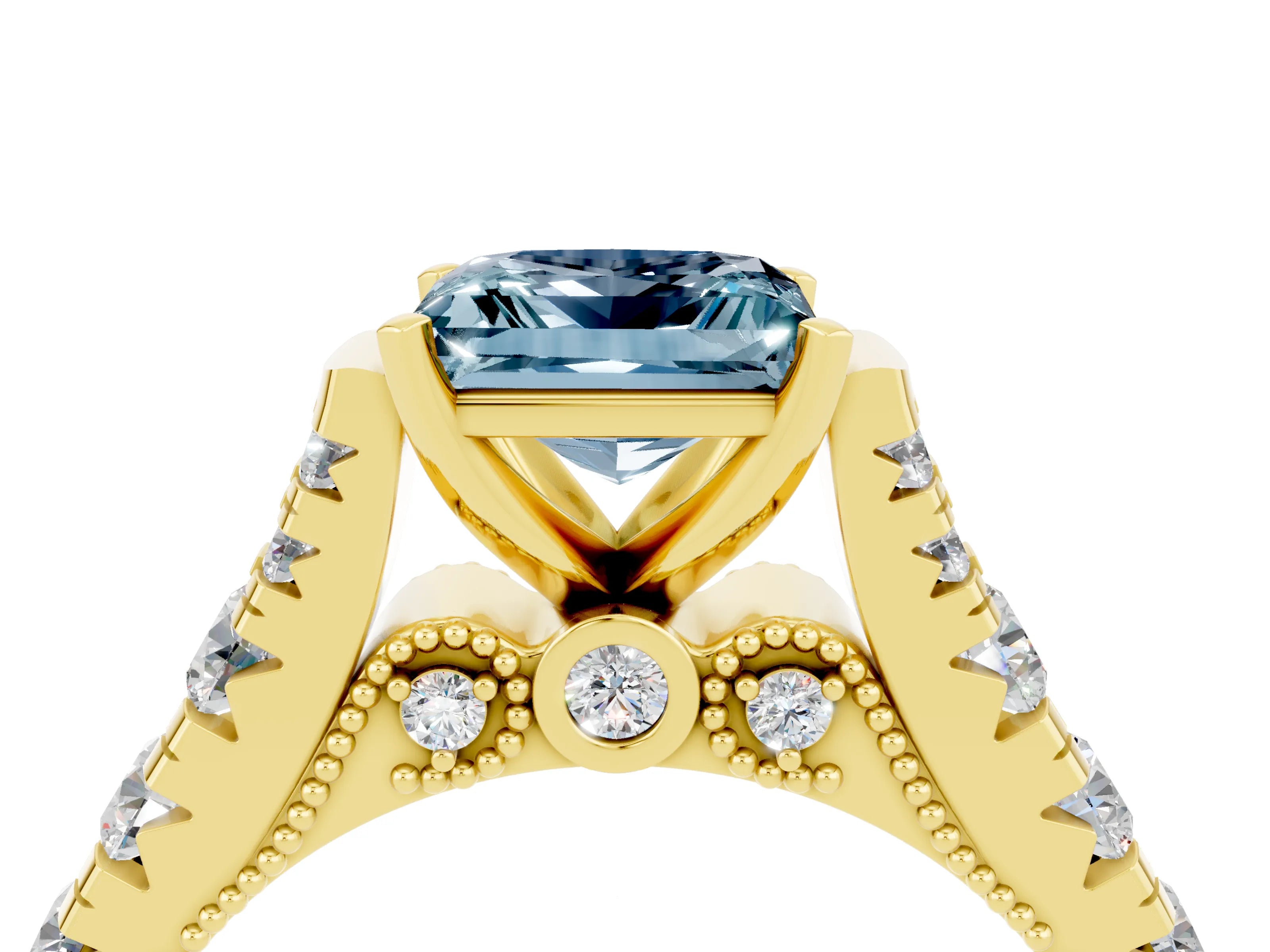 Yellow gold Princess Cut Aquamarine Classic Solitaire Ring with Pavé Band and Four-Prong Setting_4