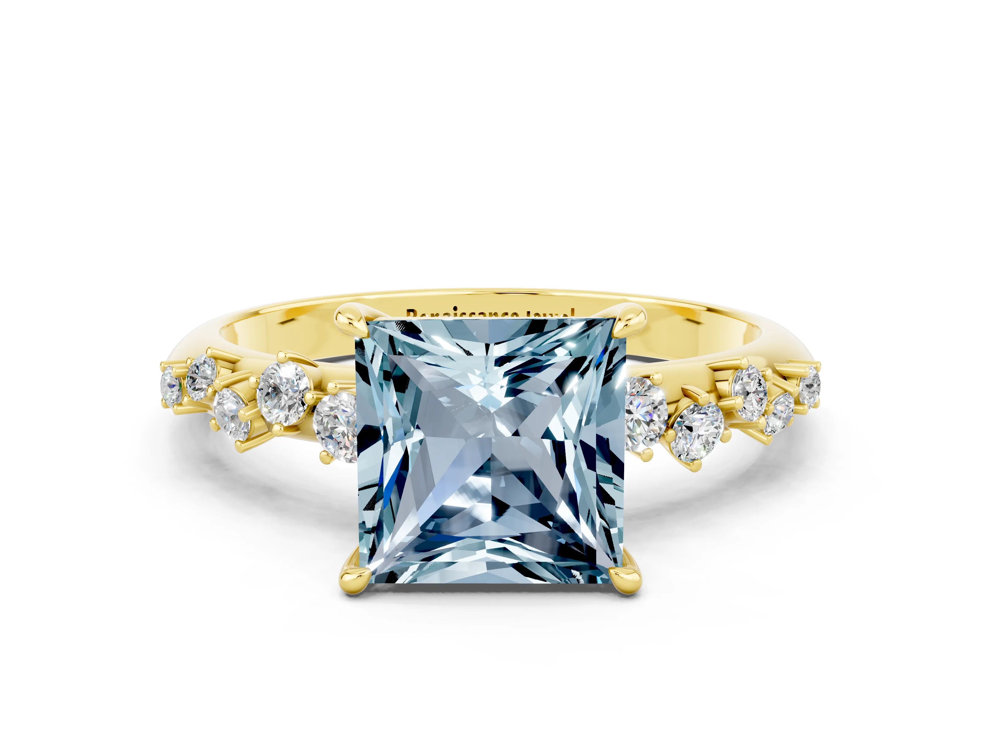 Yellow gold Princess Cut Aquamarine Cluster Side Stone Solitaire Ring with Prong Setting_24