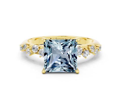 Yellow gold Princess Cut Aquamarine Cluster Side Stone Solitaire Ring with Prong Setting_24