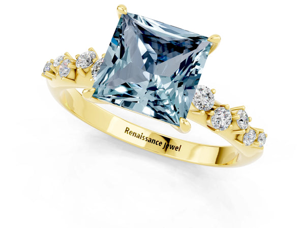 Yellow gold Princess Cut Aquamarine Cluster Side Stone Solitaire Ring with Prong Setting