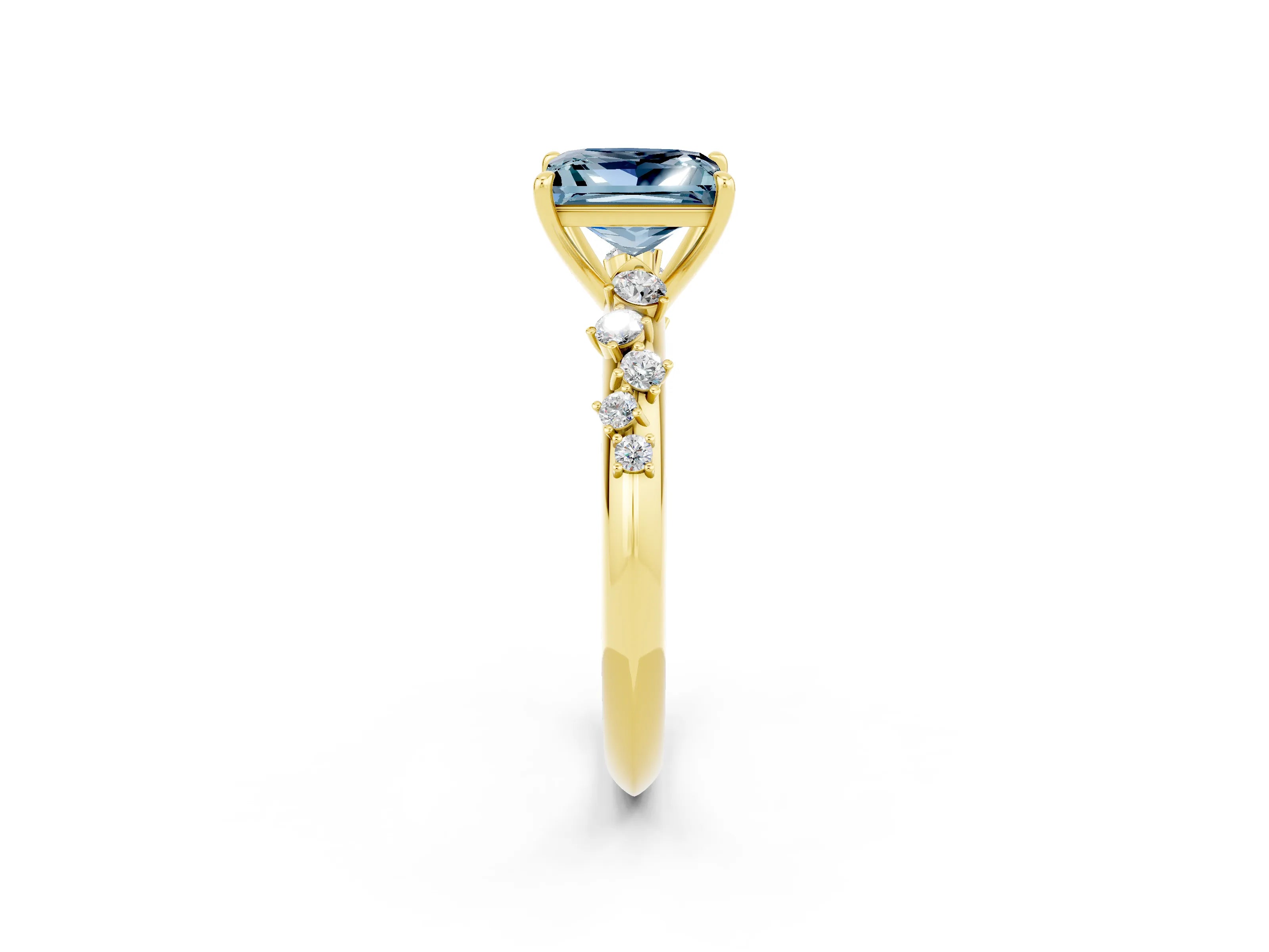 Yellow gold Princess Cut Aquamarine Cluster Side Stone Solitaire Ring with Prong Setting_26