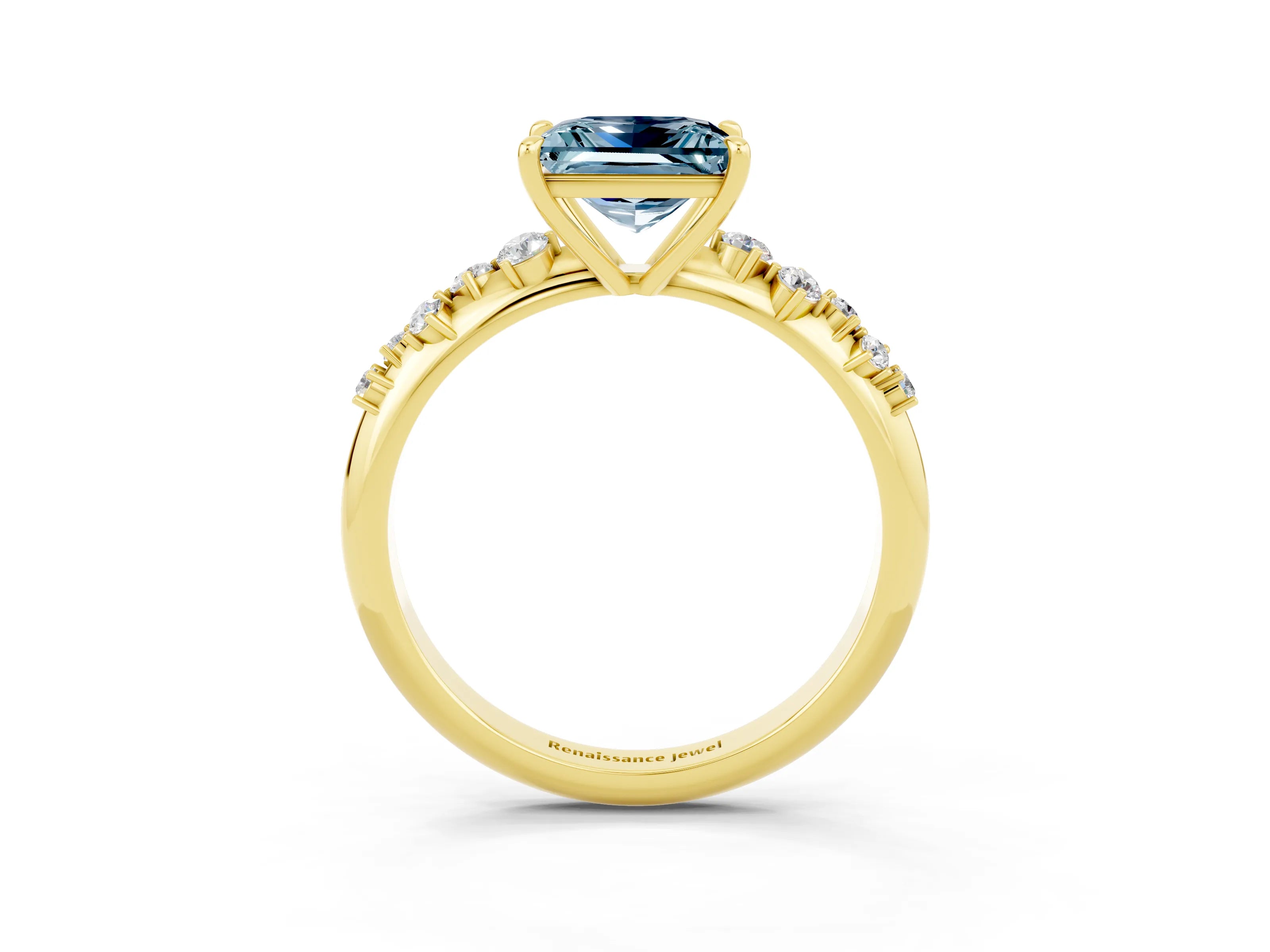 Yellow gold Princess Cut Aquamarine Cluster Side Stone Solitaire Ring with Prong Setting_27
