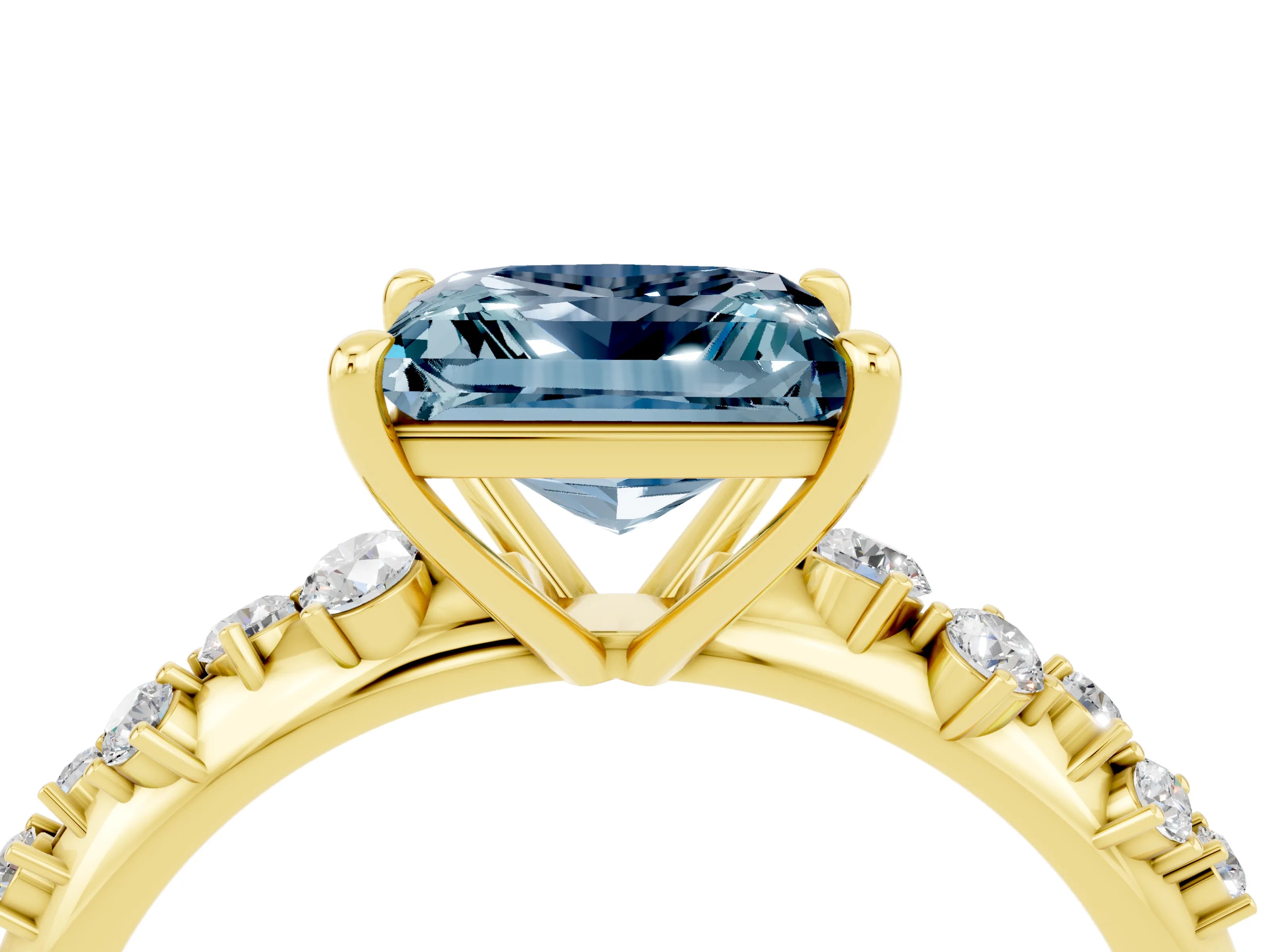 Yellow gold Princess Cut Aquamarine Cluster Side Stone Solitaire Ring with Prong Setting_28
