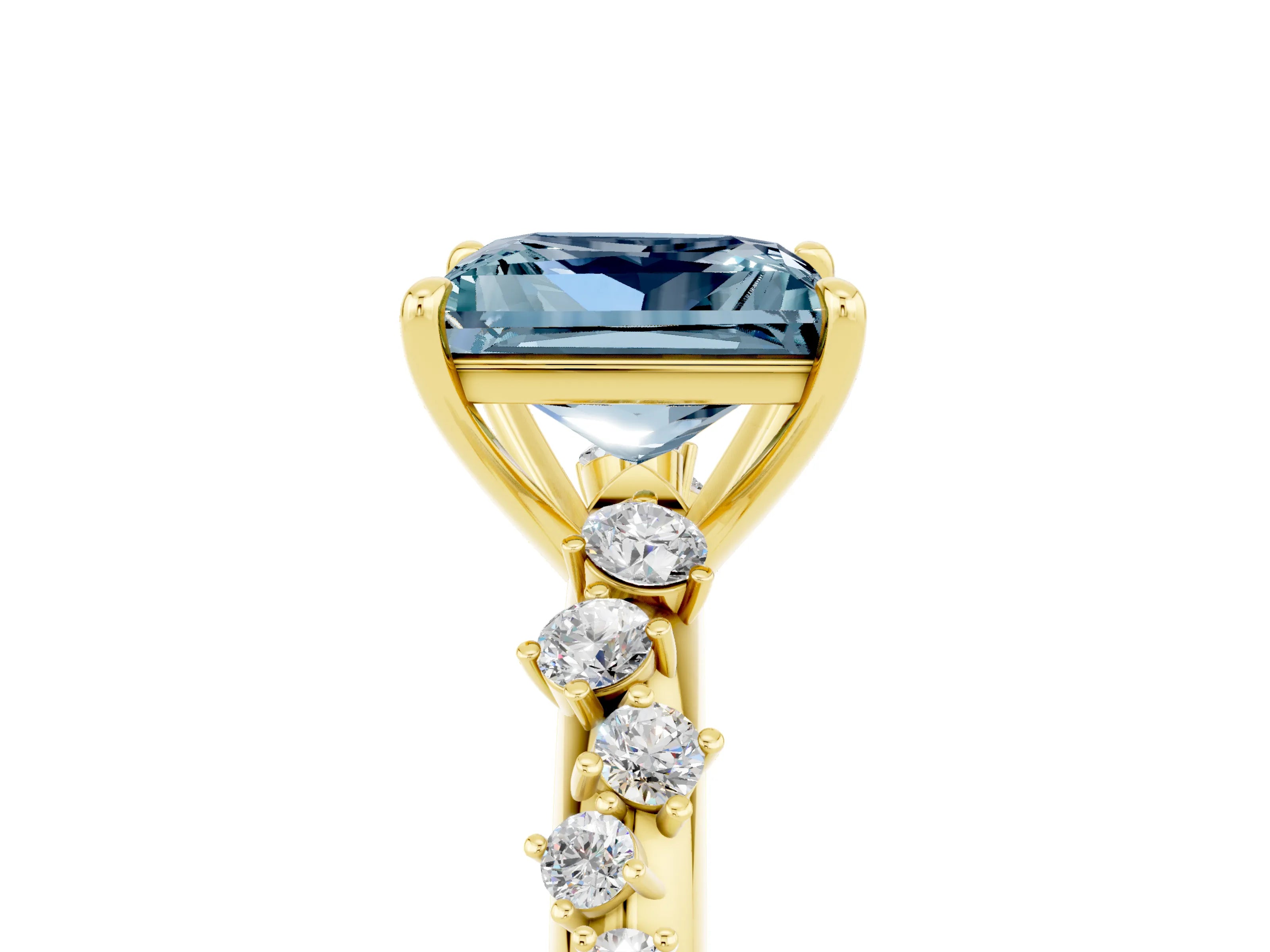 Yellow gold Princess Cut Aquamarine Cluster Side Stone Solitaire Ring with Prong Setting_29