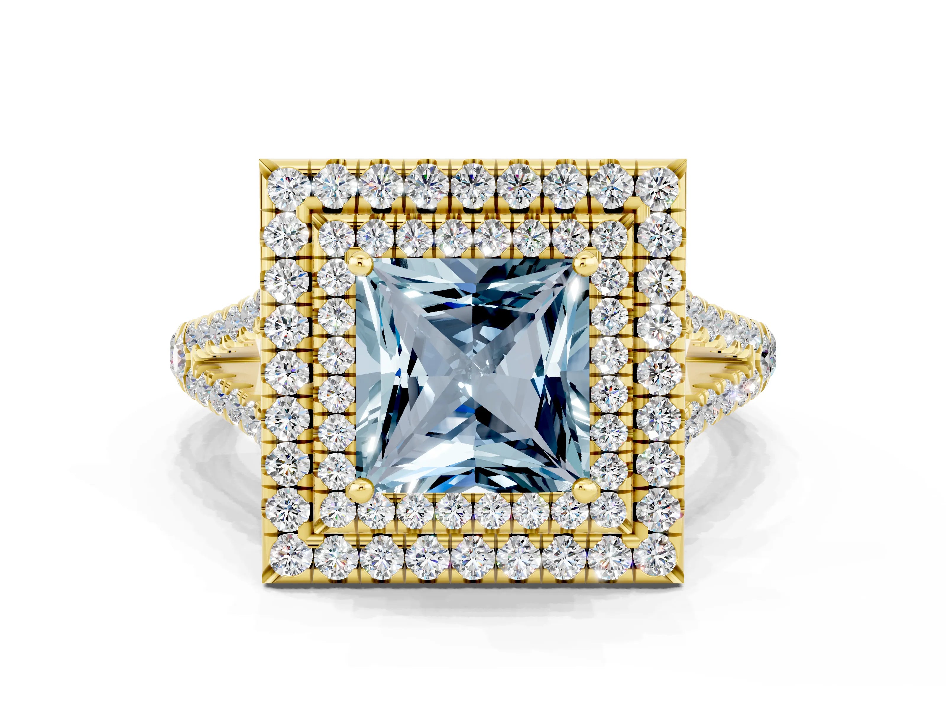 Yellow gold Princess Cut Aquamarine Double Halo Ring with Pavé Band and Prong Setting_12