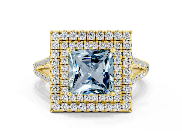 Yellow gold Princess Cut Aquamarine Double Halo Ring with Pavé Band and Prong Setting