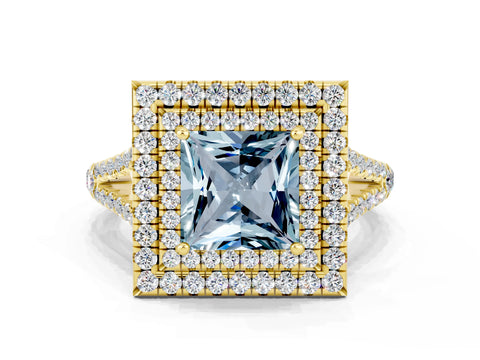 Yellow gold Princess Cut Aquamarine Double Halo Ring with Pavé Band and Prong Setting_12