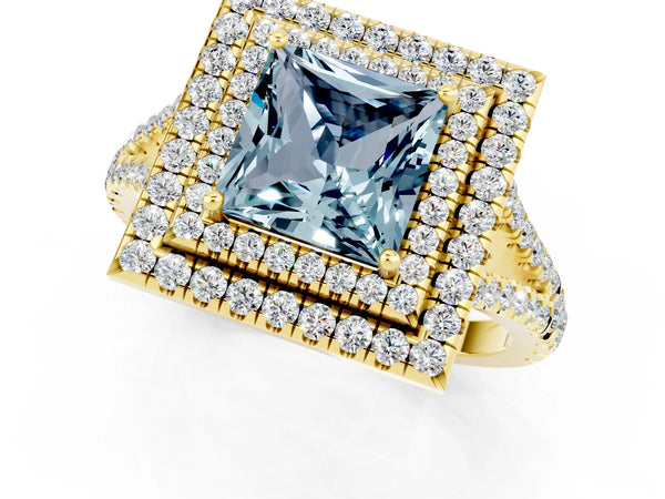 Yellow gold Princess Cut Aquamarine Double Halo Ring with Pavé Band and Prong Setting
