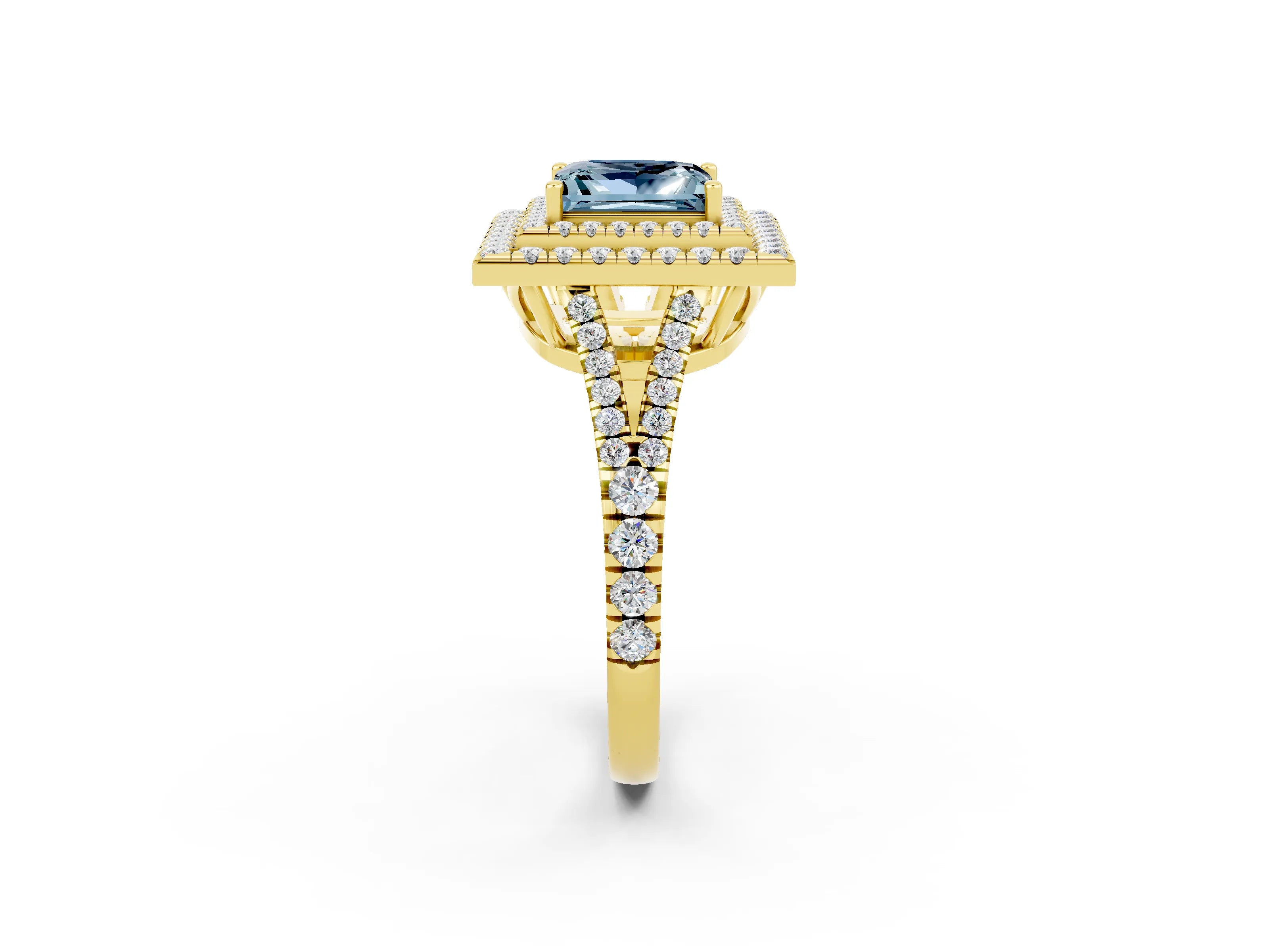 Yellow gold Princess Cut Aquamarine Double Halo Ring with Pavé Band and Prong Setting_14