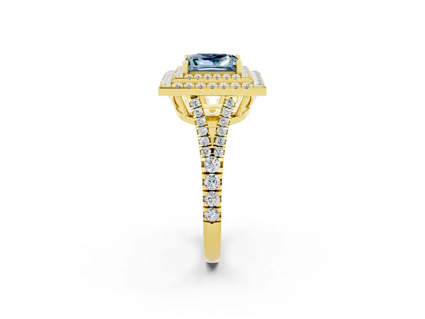 Yellow gold Princess Cut Aquamarine Double Halo Ring with Pavé Band and Prong Setting