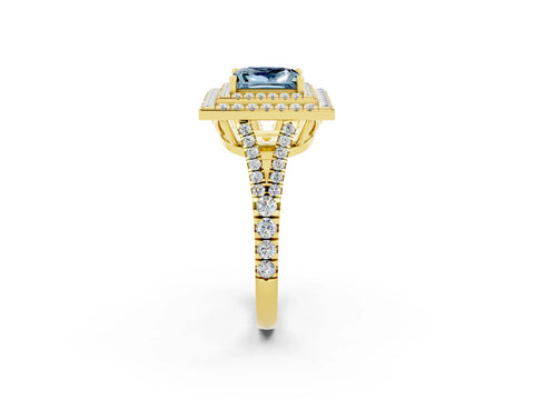 Yellow gold Princess Cut Aquamarine Double Halo Ring with Pavé Band and Prong Setting_14