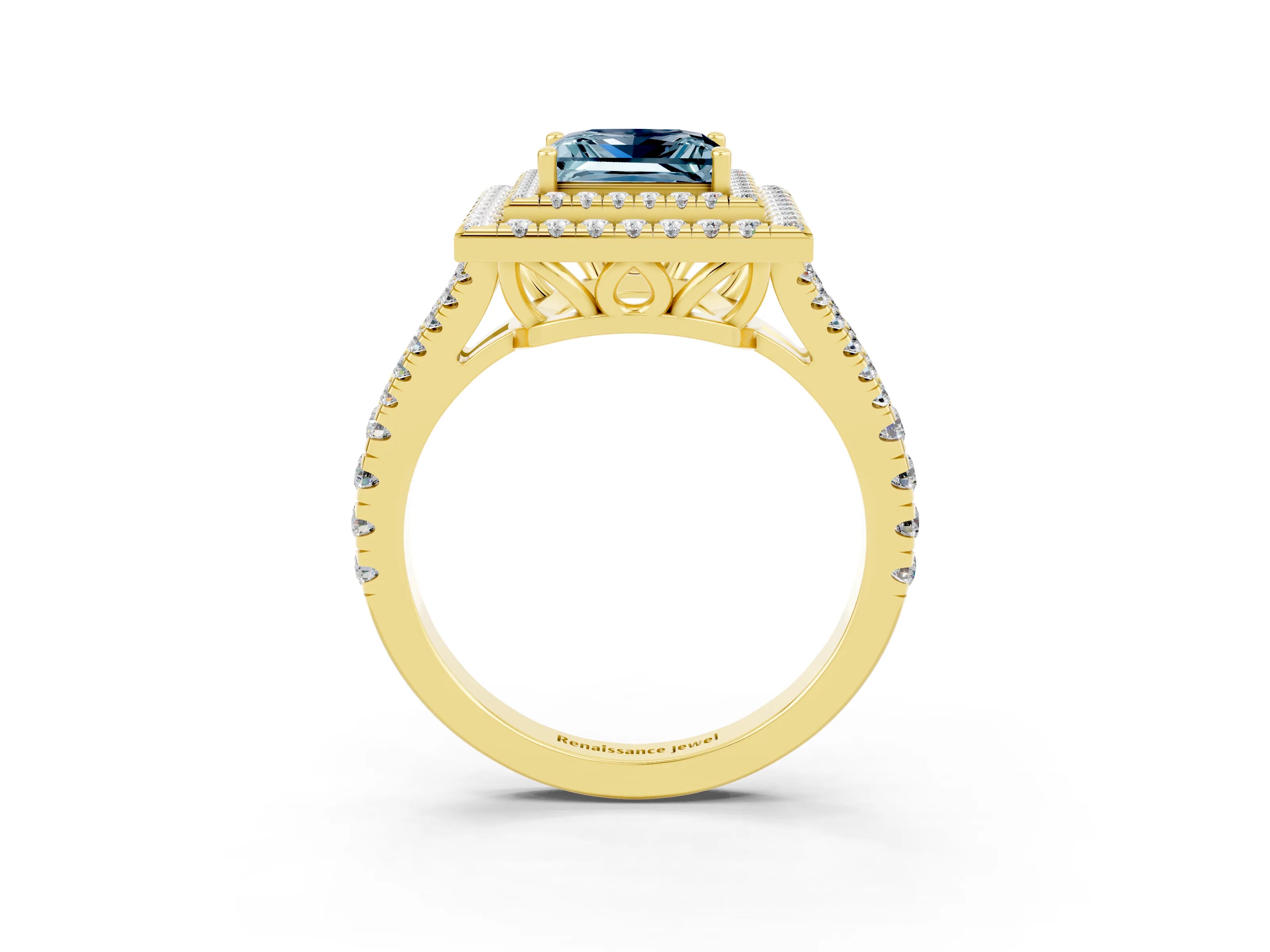 Yellow gold Princess Cut Aquamarine Double Halo Ring with Pavé Band and Prong Setting_15