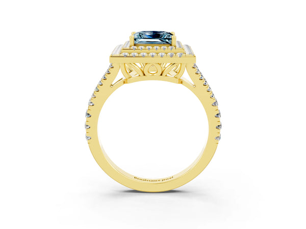 Yellow gold Princess Cut Aquamarine Double Halo Ring with Pavé Band and Prong Setting