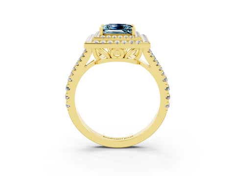 Yellow gold Princess Cut Aquamarine Double Halo Ring with Pavé Band and Prong Setting_15