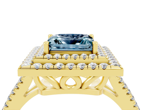 Yellow gold Princess Cut Aquamarine Double Halo Ring with Pavé Band and Prong Setting_16