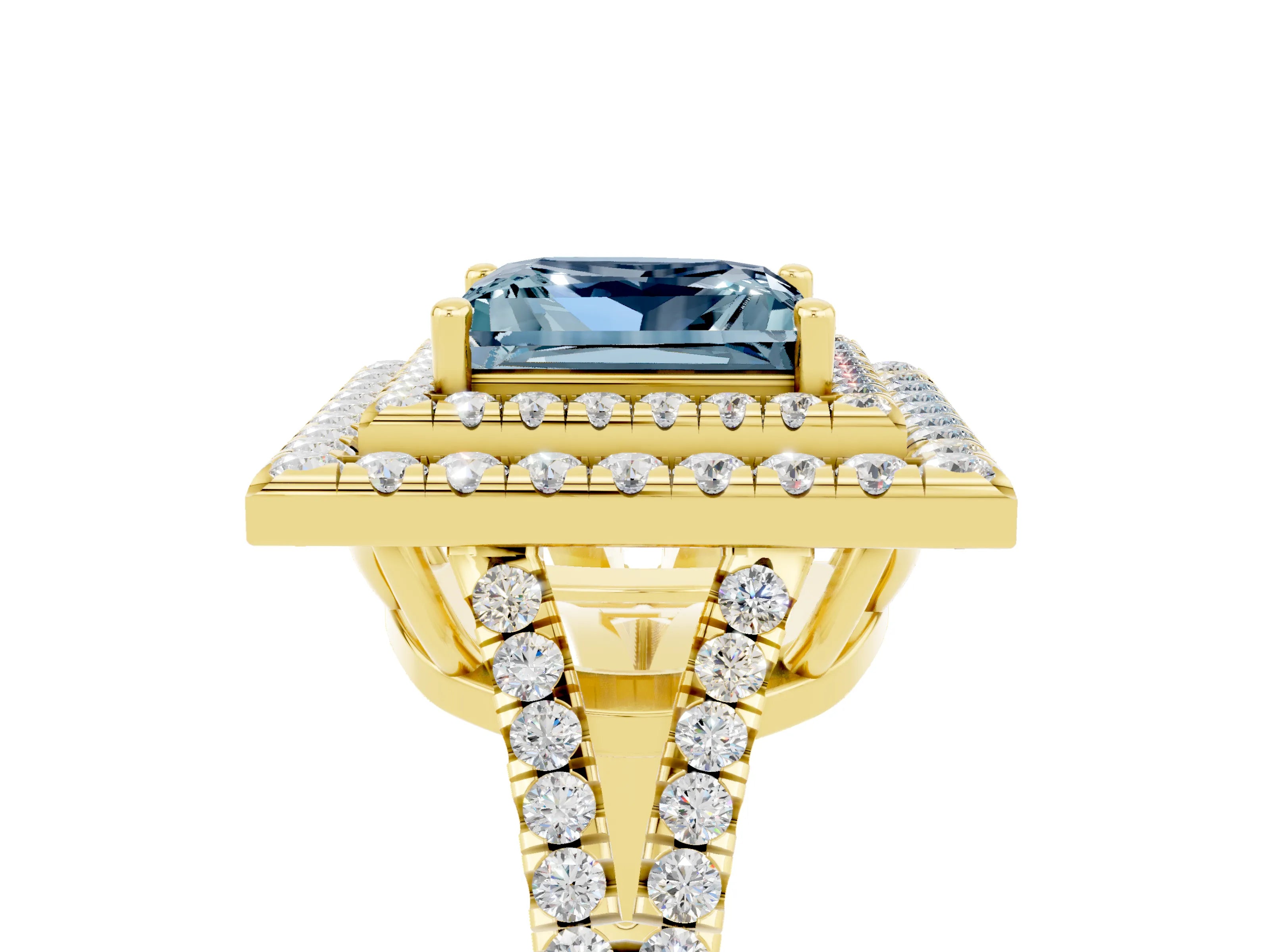 Yellow gold Princess Cut Aquamarine Double Halo Ring with Pavé Band and Prong Setting_17