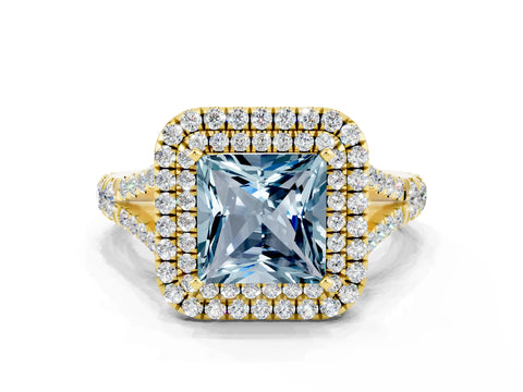 Yellow gold Princess Cut Aquamarine Double Halo Ring with Split Shank and Prong Setting_12