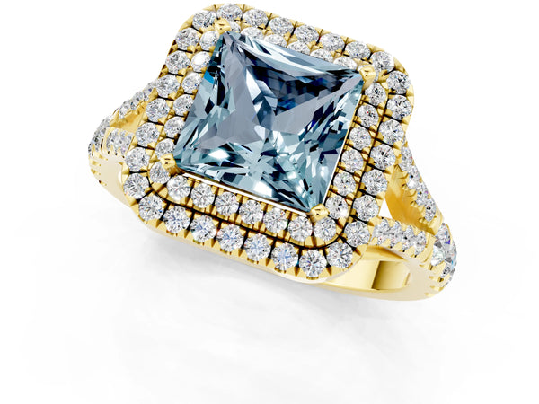 Yellow gold Princess Cut Aquamarine Double Halo Ring with Split Shank and Prong Setting