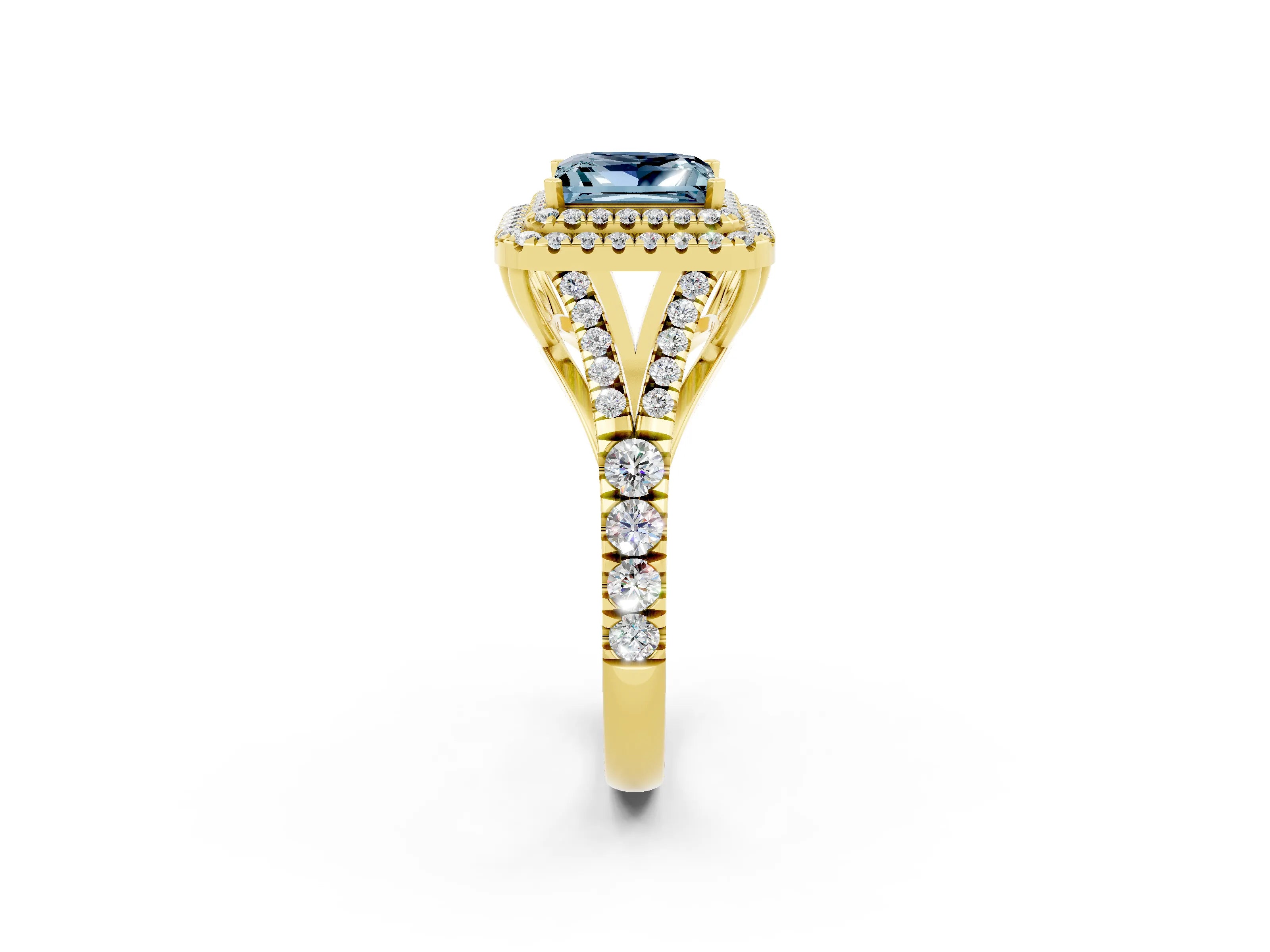 Yellow gold Princess Cut Aquamarine Double Halo Ring with Split Shank and Prong Setting_14