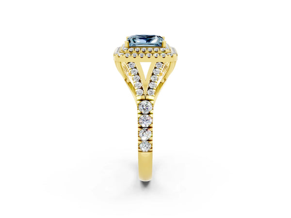Yellow gold Princess Cut Aquamarine Double Halo Ring with Split Shank and Prong Setting