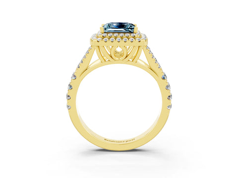 Yellow gold Princess Cut Aquamarine Double Halo Ring with Split Shank and Prong Setting_15