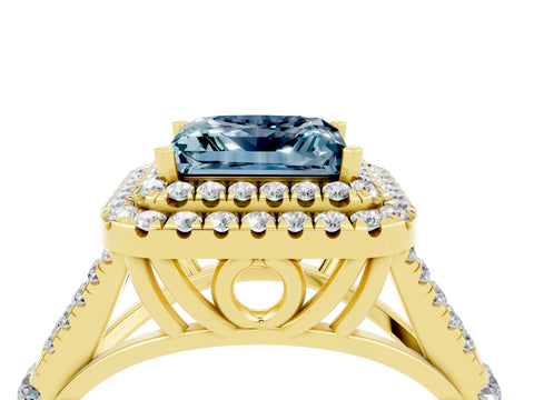 Yellow gold Princess Cut Aquamarine Double Halo Ring with Split Shank and Prong Setting_16