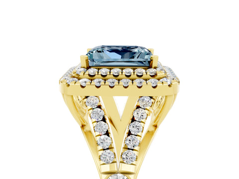 Yellow gold Princess Cut Aquamarine Double Halo Ring with Split Shank and Prong Setting_17