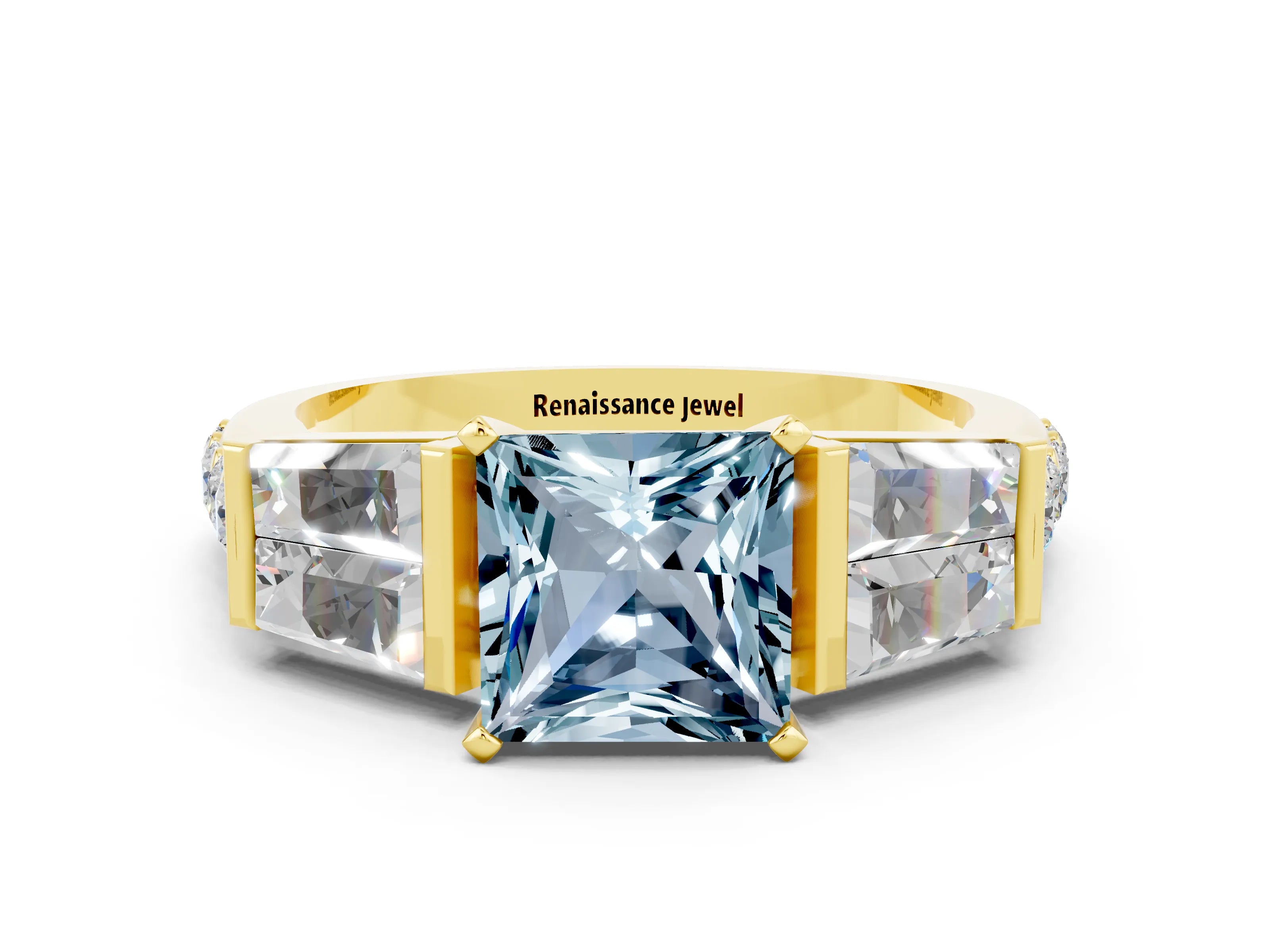 Yellow gold Princess Cut Aquamarine Engagement Ring with Baguette Side Stones and Channel Set Band