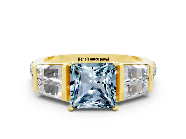 Yellow gold Princess Cut Aquamarine Engagement Ring with Baguette Side Stones and Channel Set Band