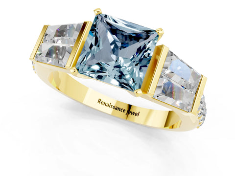 Yellow gold Princess Cut Aquamarine Engagement Ring with Baguette Side Stones and Channel Set Band_1