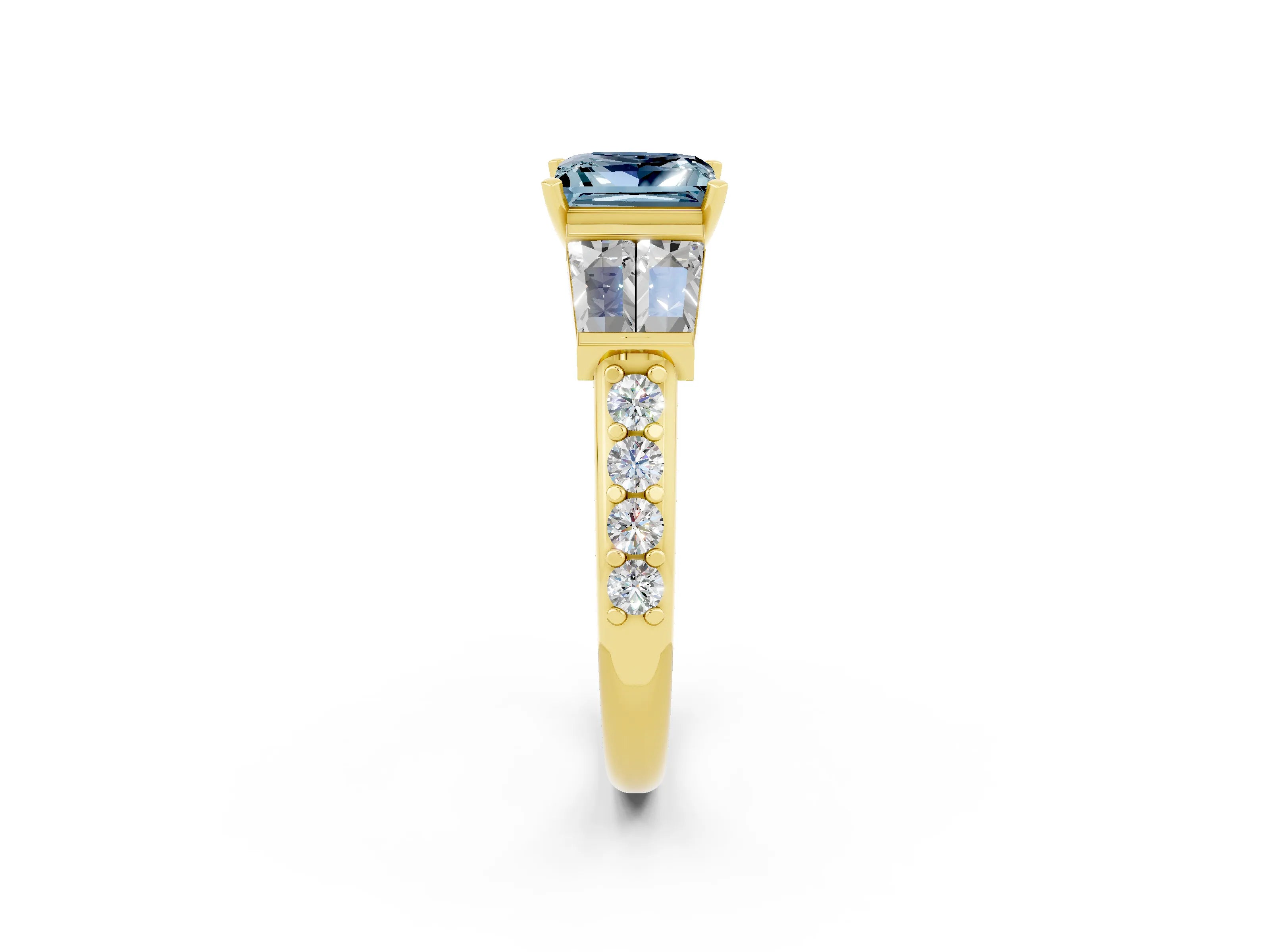 Yellow gold Princess Cut Aquamarine Engagement Ring with Baguette Side Stones and Channel Set Band_2