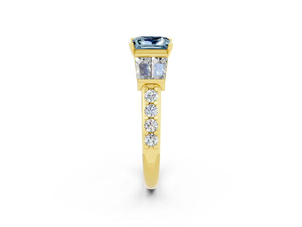 Yellow gold Princess Cut Aquamarine Engagement Ring with Baguette Side Stones and Channel Set Band