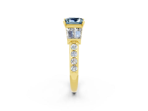 Yellow gold Princess Cut Aquamarine Engagement Ring with Baguette Side Stones and Channel Set Band_2