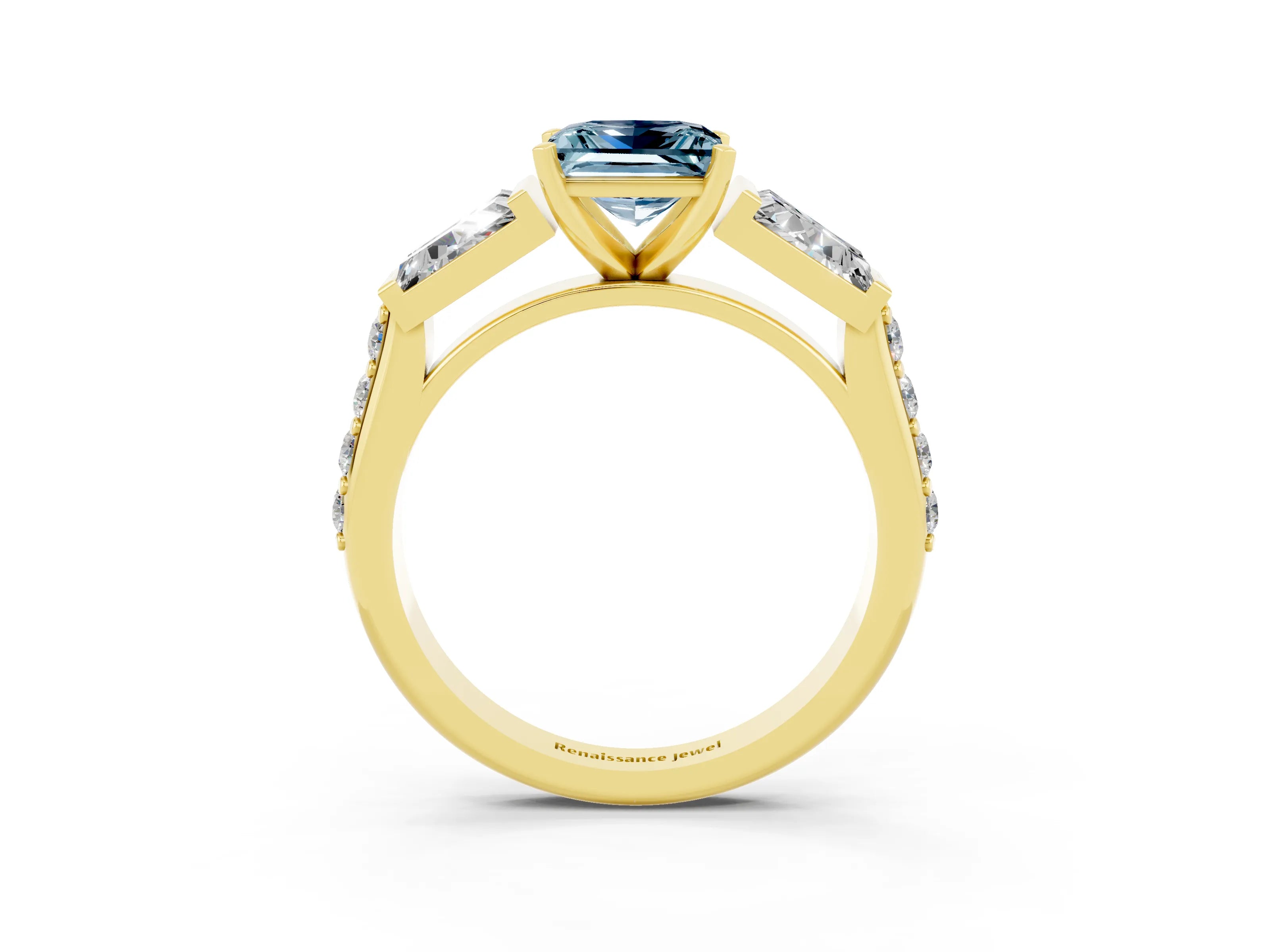 Yellow gold Princess Cut Aquamarine Engagement Ring with Baguette Side Stones and Channel Set Band_3