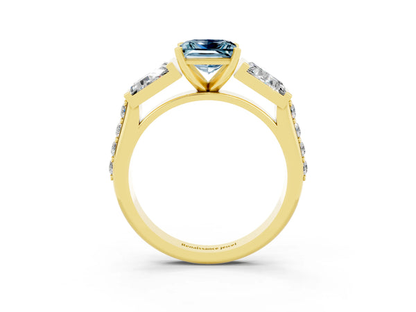 Yellow gold Princess Cut Aquamarine Engagement Ring with Baguette Side Stones and Channel Set Band