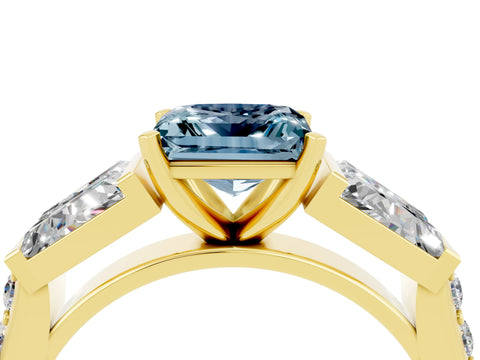 Yellow gold Princess Cut Aquamarine Engagement Ring with Baguette Side Stones and Channel Set Band_4