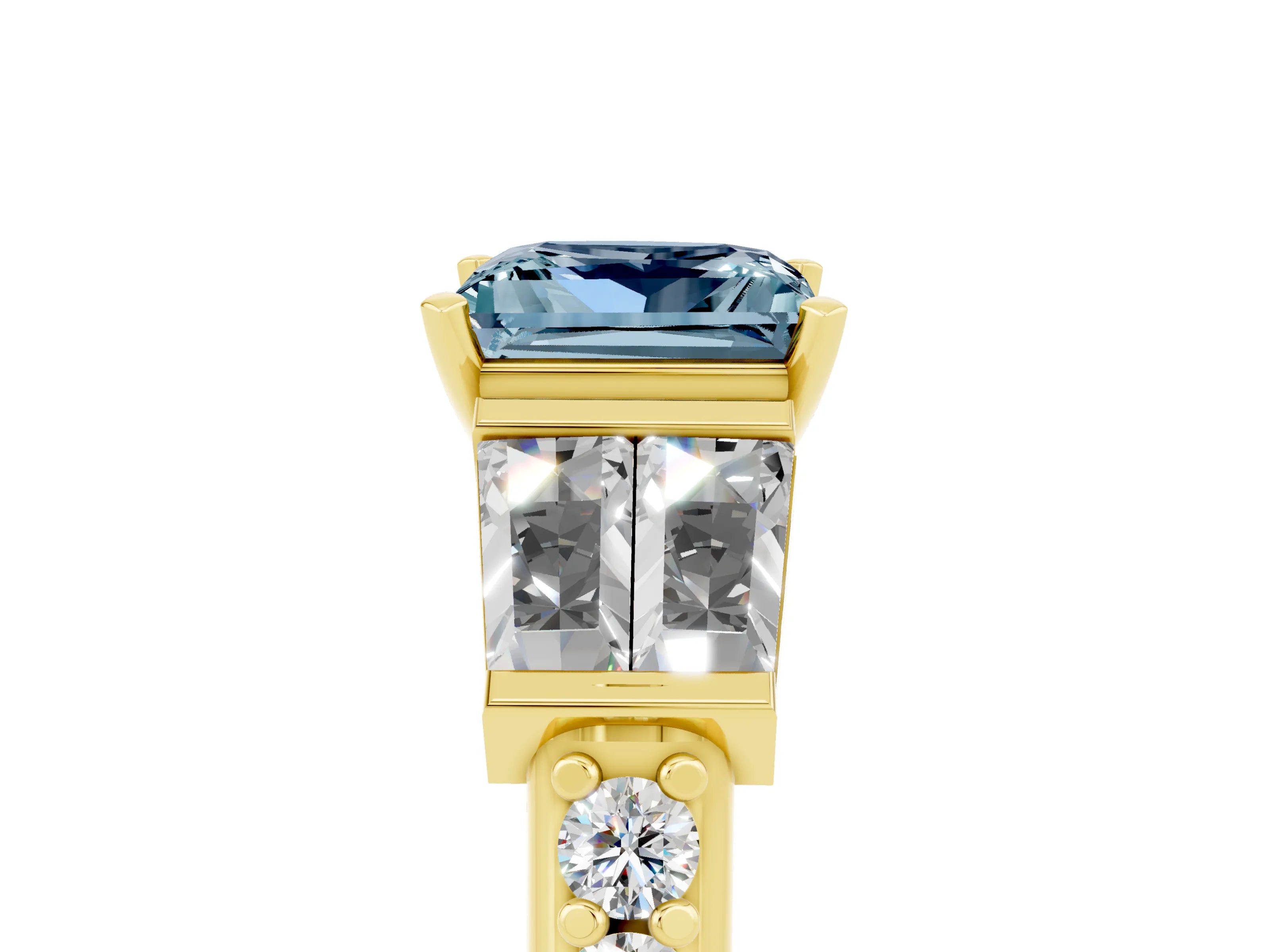 Yellow gold Princess Cut Aquamarine Engagement Ring with Baguette Side Stones and Channel Set Band_5