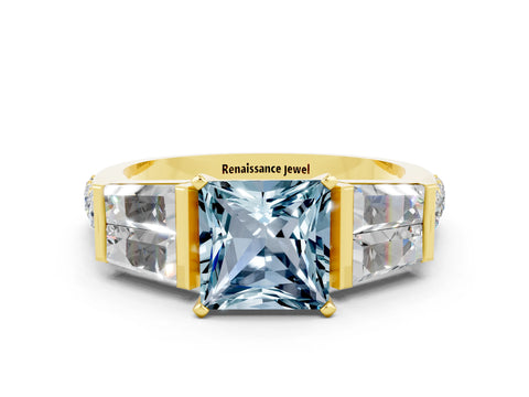 Yellow gold Princess Cut Aquamarine Engagement Ring with Baguette Side Stones and Channel Set Band