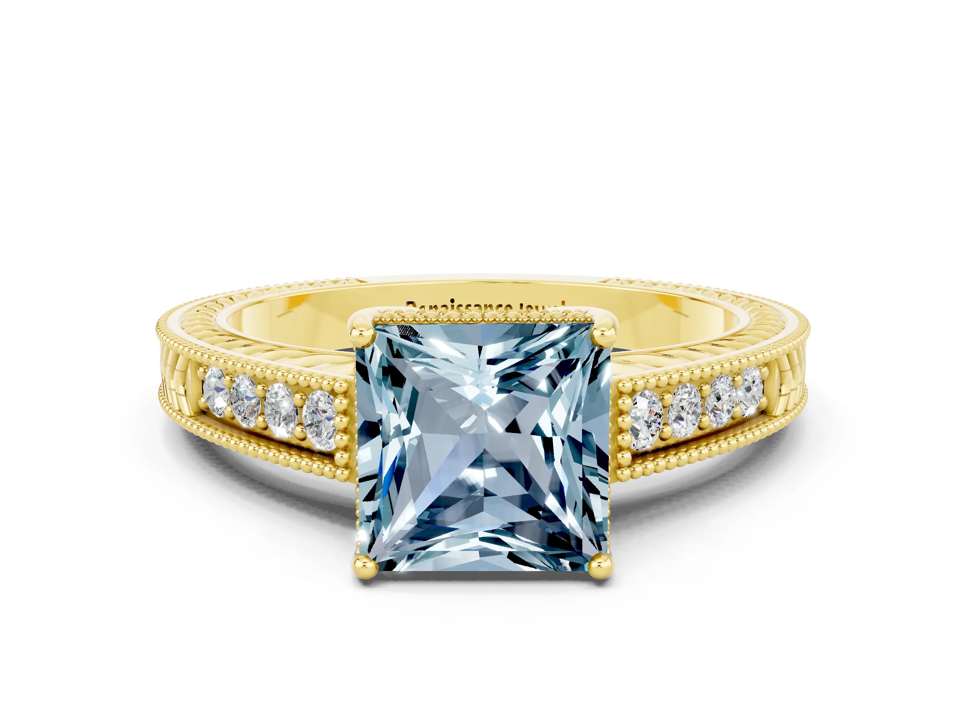 Yellow gold Princess Cut Aquamarine Engagement Ring with Milgrain Channel Set Band and Prong Setting