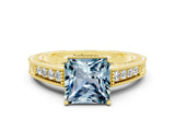 Yellow gold Princess Cut Aquamarine Engagement Ring with Milgrain Channel Set Band and Prong Setting