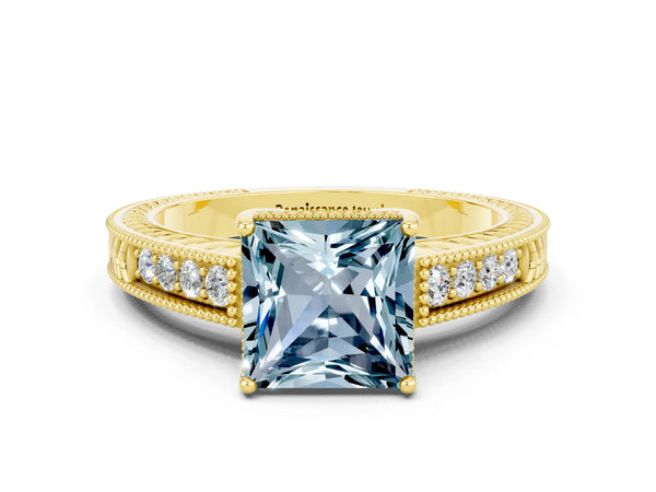 Yellow gold Princess Cut Aquamarine Engagement Ring with Milgrain Channel Set Band and Prong Setting