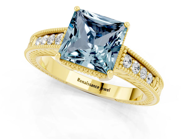 Yellow gold Princess Cut Aquamarine Engagement Ring with Milgrain Channel Set Band and Prong Setting